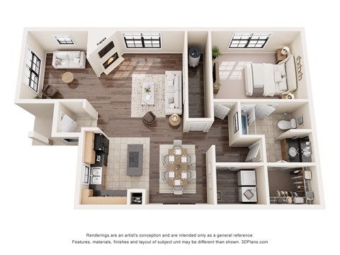 Floor plan for 1 bed, 1 bath, 1046 sqft